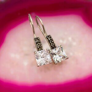 Retro Square Clear CZ/Marcasite Sterling Silver Pierced Drop Hook/Latch Earrings